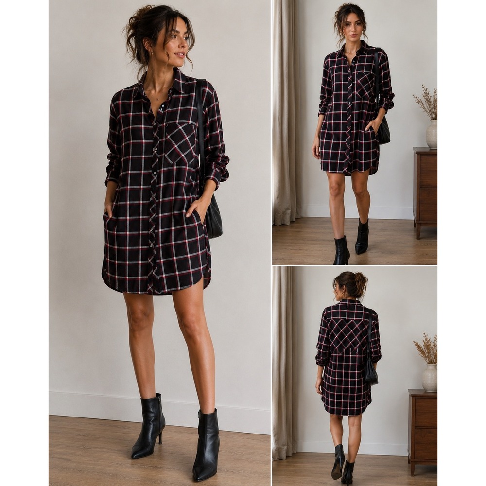 J. Jill Womens Black Red Plaid Cotton Button Down Tunic Shirt Dress Size Small